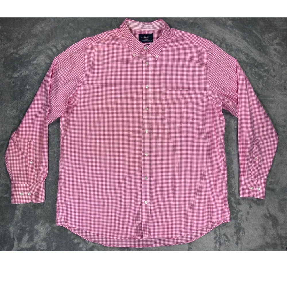 Charles Tyrwhitt Mens XL Pink Gingham Non Iron Cotton Button Down Shirt Classic
